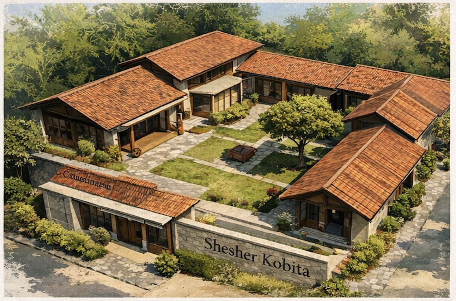 Functional living spaces — arrival area, cafeteria, and shared community rooms