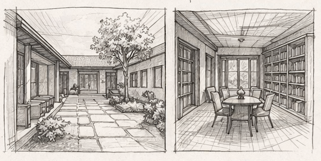 Library and reading nook sketch — active living through books and reflection