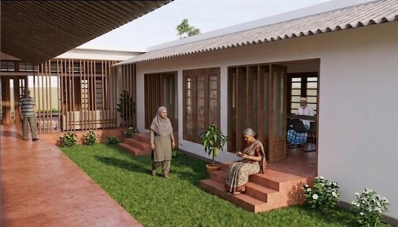 সবুজ উঠানের কল্পিত নকশা — বারান্দার সিঁড়িতে বসা ও হাঁটাচলা করছেন নিবাসীরা