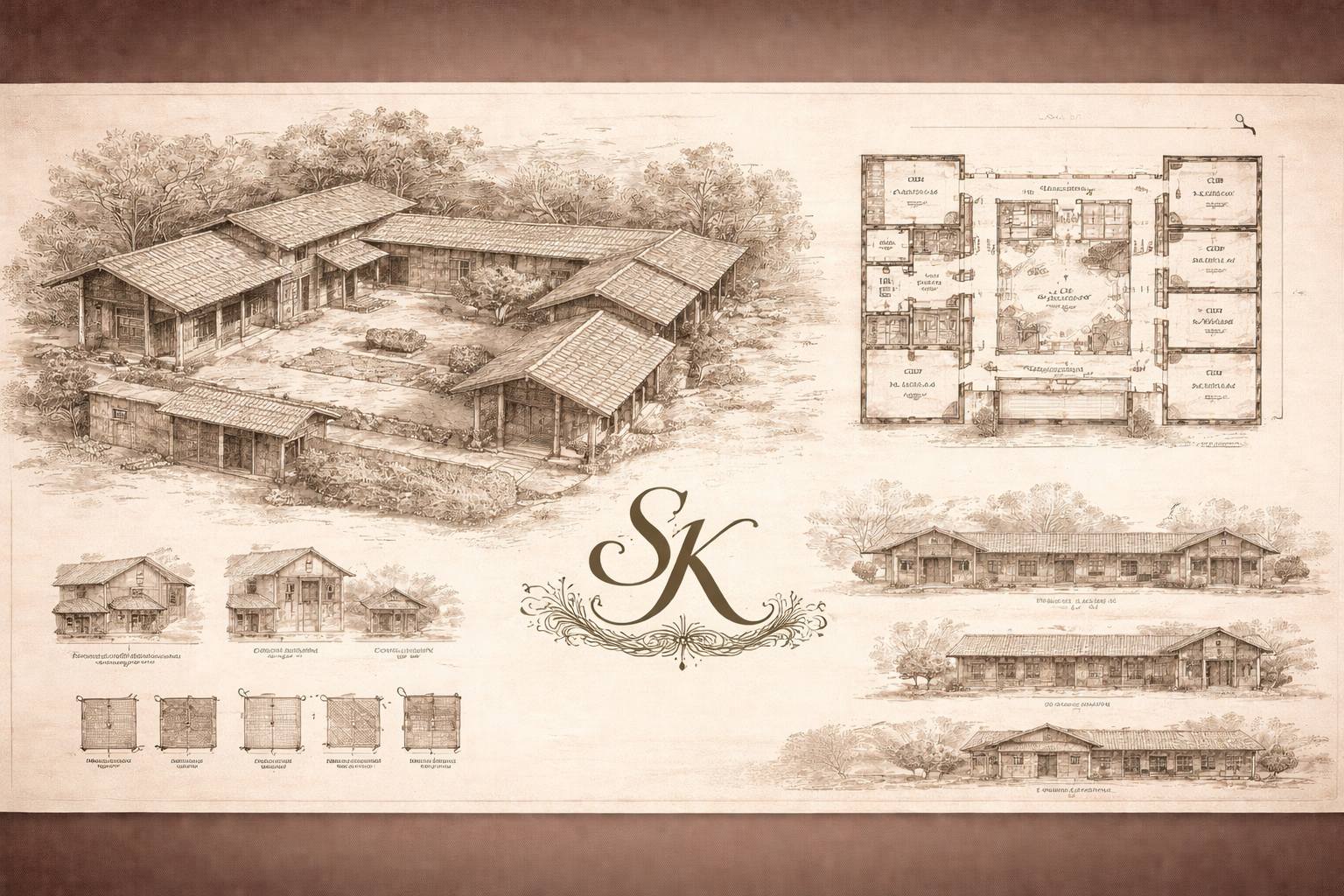 Shesher Kobita village retreat banner — courtyard and gardens concept
