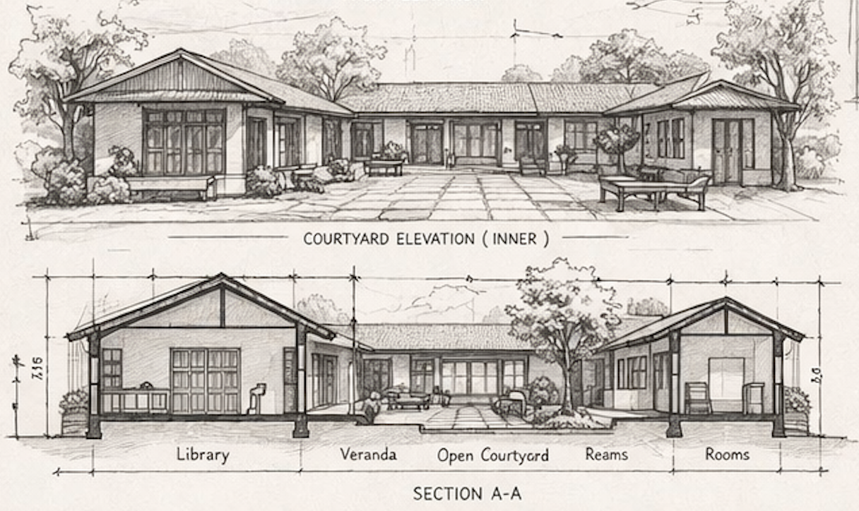Village home sketch — greenery, open sky, and filtered natural light