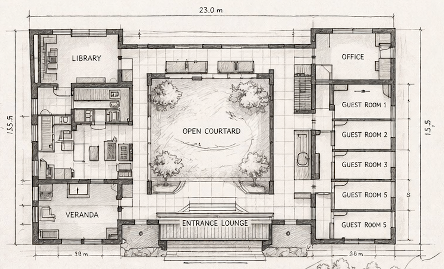 Architectural sketch of Shesher Kobita — verandas, courtyard, and guest circulation